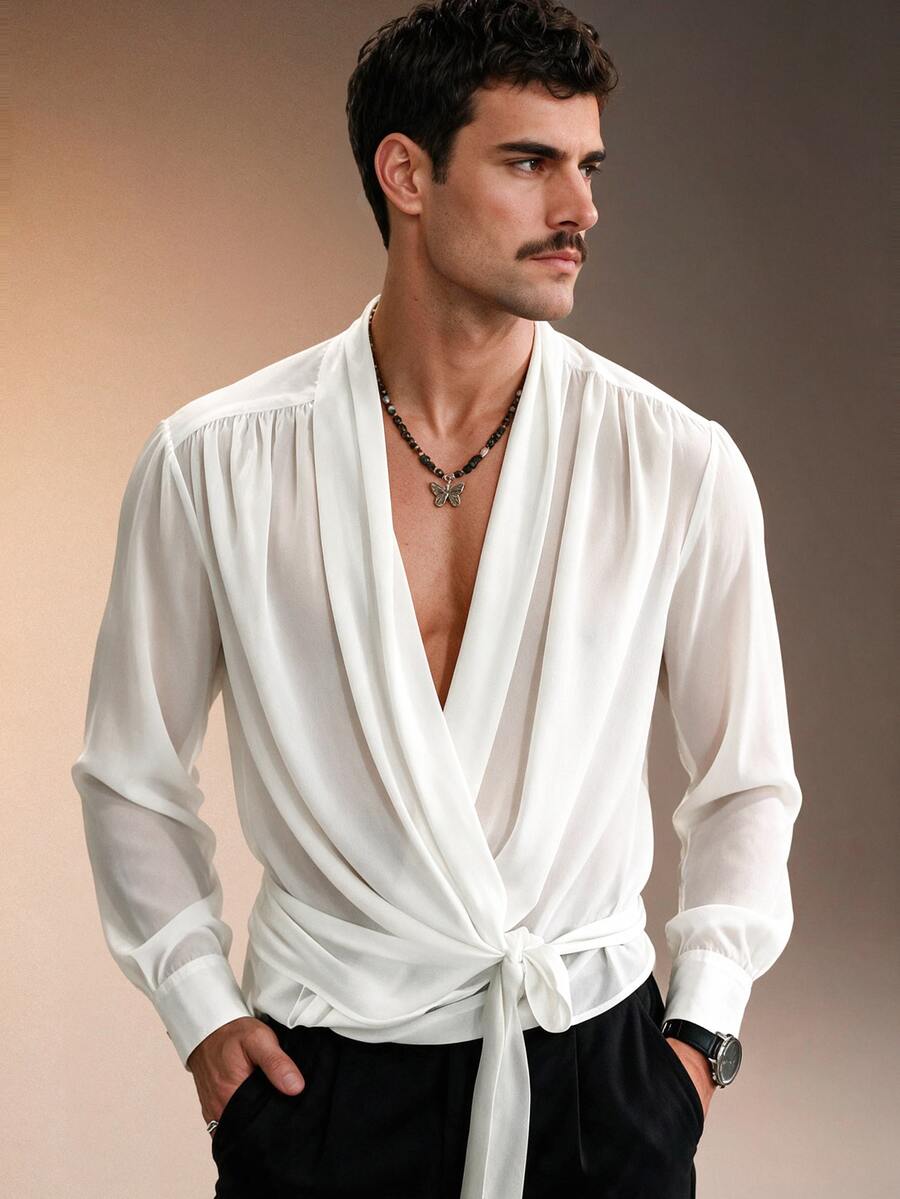 ZURIURI Men's Flowy Tie-Neck Elegant Luxury Long Sleeve Shirt - White - View 1