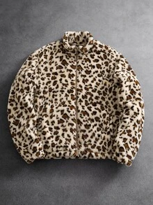 SLATEMANN Men's Long Sleeve Zipper Front Leopard Print Fleece Jacket - Khaki - View 1