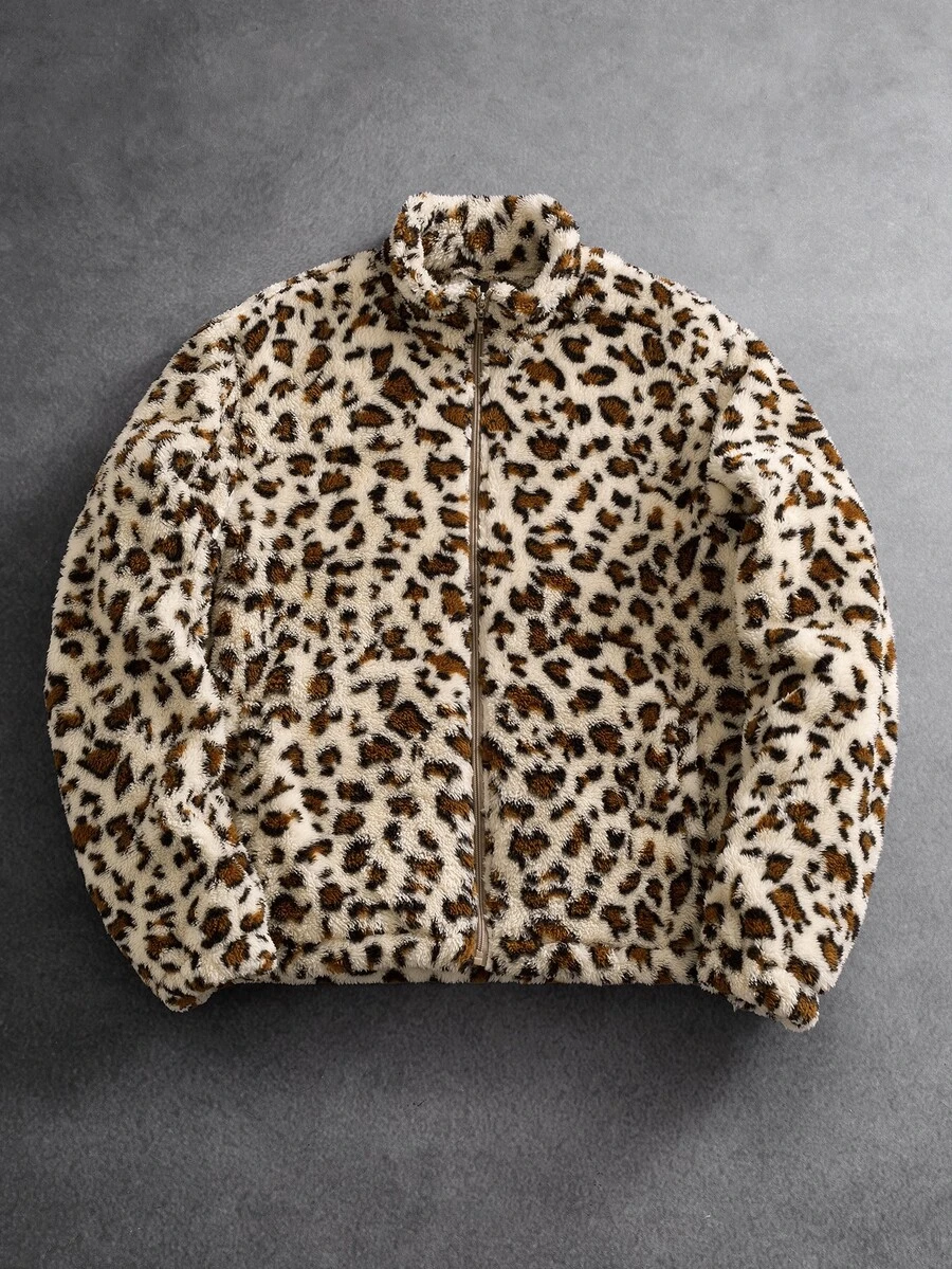 SLATEMANN Men's Long Sleeve Zipper Front Leopard Print Fleece Jacket - Khaki - View 1