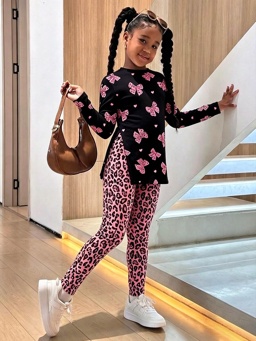Tween Girls Loose Long Tween Girl Sleeve Side Slit Fitted Leggings 2 Pieces Set With Cartoon Pattern Schoo - White - View 1