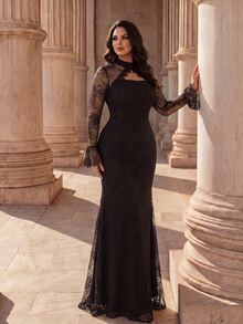 Coutiva Women's Lace Patchwork Elegant Waist-Cinched Evening Dress - Coffee Brown - View 1