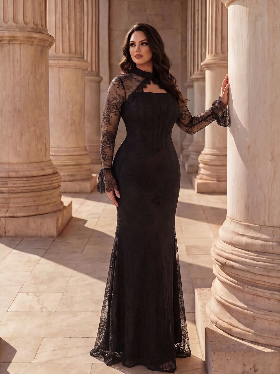 Coutiva Women's Lace Patchwork Elegant Waist-Cinched Evening Dress - Coffee Brown - View 1