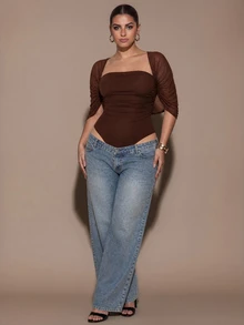 SHEIN BAE CURVE Plus Size Sexy Mesh Ruched Bodysuit For Date And Vacation - Coffee Brown - View 8