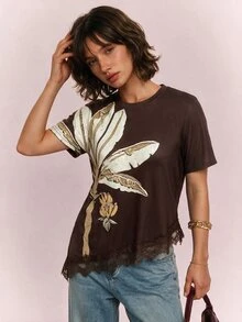 CAJUNI Chic Vacation Embroidery Golden Palm Tree Fancy Brown Lace Blouse - Brown - View 7