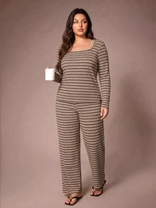 Lazeform Plus Size Fashion Minimalist Striped Square Neck Long Sleeve Pants Pajama Set 2pcs - Multicolor - View 6