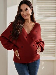 SHEIN 孕婦哺乳心形刺繡優雅長袖針織衫 - 紅木色 - 查看 6