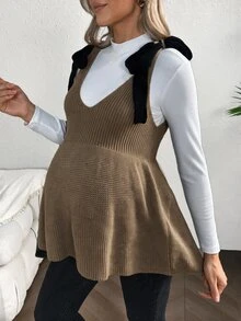 SHEIN 孕婦肩結休閒優雅百搭針織背心 秋季拍照商務黑色 - 卡其色 - 查看 4
