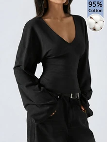 LYSMO Autumn/Winter New 95% Cotton Flare Sleeve Women's Blouse Black Solid Color - Black - View 1