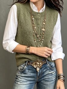 SHEIN Women's Solid Color Casual Versatile Daily Wear Knitted Vest Everyday Olive Green - Green - View 6