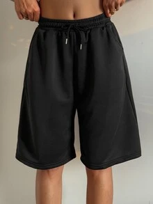 Dazy Tall Women's Elastic Waist Drawstring Loose Straight Leg Solid Black Casual Sports Shorts - Black - View 3