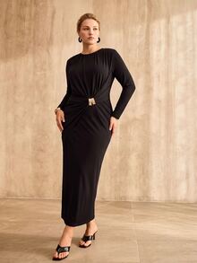 MOTF PREMIUM WOMEN'S PLUS SIZE ELASTIC KNIT STRUCTURED DESIGN LONG DRESS, AUTUMN/WINTER - Black - View 3