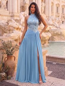 Glamrae Elegant Luxurious 3D Floral Lace Sequin Embroidered Patchwork Elastic Knit Mesh Ruched High Slit Full Skirt Evening Gown Suitable For Wedding Events Bachelor Party Vacation Festival Gathering Music Festival Graduation Season Dinner Party - Blue - View 5