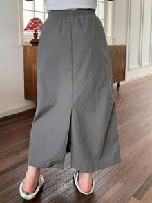 Dazy Plus Solid Color Casual Streetwear Elastic Waist H-Line Straight Long Skirt, Versatile Fall/ Vacation Beach Grey - Dark Grey - View 2