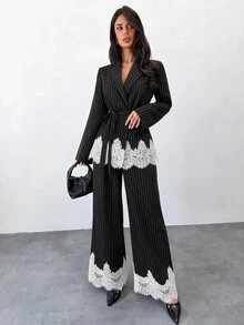 Firerie Women's Elegant 2 Pieces Set With Striped Jacket Featuring Lace Hem And Matching Pants - Black - View 5