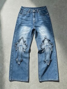 Manfinity Denimwave 男士街頭風哥德式十字印花黑白對比丹寧喇叭牛仔褲 - 中等水洗藍 - 查看 4