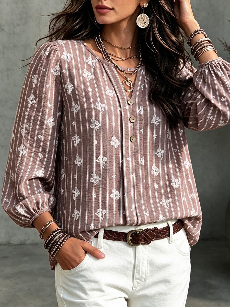 Ceyna Plus Size Women's French Casual Elegant Printed Striped Long Sleeve Small Button Shirt Fall - Burgundy - View 1