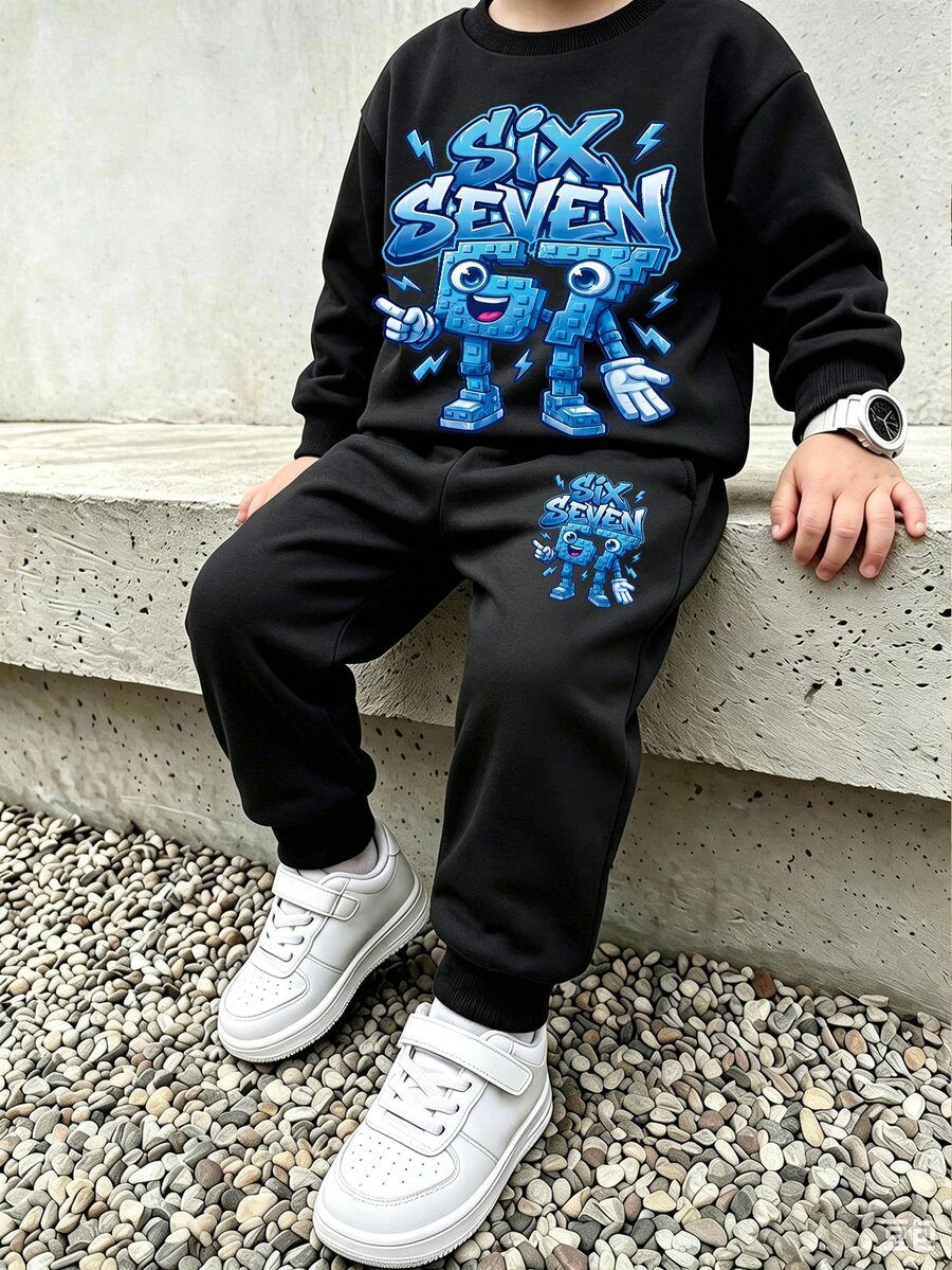 Genkimix Kids 2件組小男孩休閒運動學院風街頭酷感翅膀圖案衛衣+長褲套裝，適合日常穿著、上學、旅行、運動，春秋季節穿著，增加穿搭多樣性，整體設計簡約優雅，男孩穿著此衛衣套裝舒適且展現休閒時尚形象 - 黑色 - 查看 1