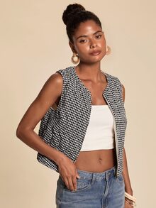 Travachic Women's Plaid Open Front Casual Vest Jacket - Black and White - View 3