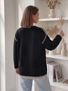SHEIN LUNE Áo cardigan nữ size lớn phối màu, phong cách thường ngày, đa năng, mặc hàng ngày - Đen và trắng - Xem 2