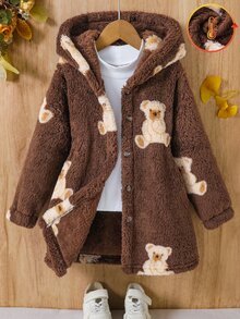 SHEIN Playful Pals Girls 2026 Fall Winter New Teddy Bear Pattern Fleece Hooded Jacket Lambswool Lining Thickened Winter Coat Soft Skin-Friendly Non-Shedding Loose Fit - Brown - View 3