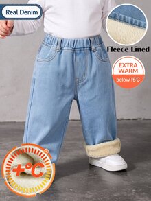 SHEIN Playful Pals Baby Boy Elastic Waist Thermal Line Denim Jeans - Light Wash - View 4
