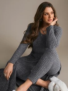 Freevana Ribbed Knit Two Pieces Set With Long Slit Tunic And Stretch Leggings, Cozy Loungewear-To-Streetwear - Dark Grey - View 7