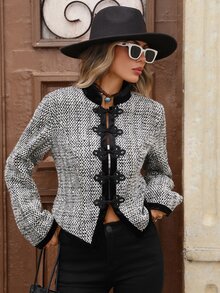 Brillora Tweed Mandarin Collar Frog Button Velvet Trim Cropped Jacket,Napoleon-Style Jacket,Winter Jacket,Elegant,Old Money - Black - View 5