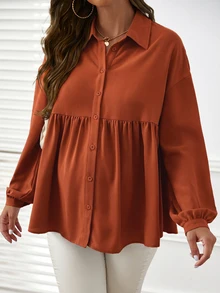 SHEIN 孕婦純色百褶休閒日常長袖上衣 - 紅木色 - 查看 5