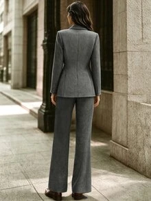 SHEIN Autumn/Winter Women's Tweed Commuter Suit Set, Waist-Cinching Blazer & Flared Pants Two Pieces Outfit, Suitable For Party, Banquet, Gathering, Professional Commute Style And More Occasions - Dark Grey - View 2