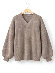 Rustia Plus Size Ribbed V-Neck Minimalist Long Sleeve Pullover Sweater - Camel - View 3
