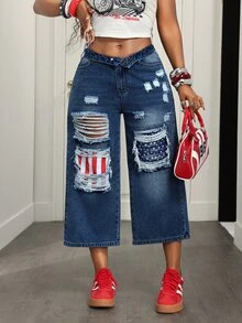 BamGleam Women's Sexy Button Pocket Distressed Loose Denim 7/8 Pants - Dark Wash - View 7