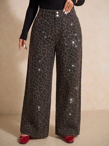 SHEIN MOD Plus Size Women's Leopard Print Casual Daily Wide Leg Denim Jeans - Brown - View 1
