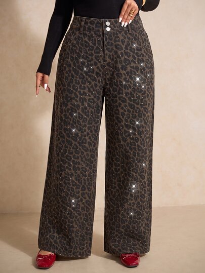 SHEIN MOD Plus Size Women's Leopard Print Casual Daily Wide Leg Denim Jeans
