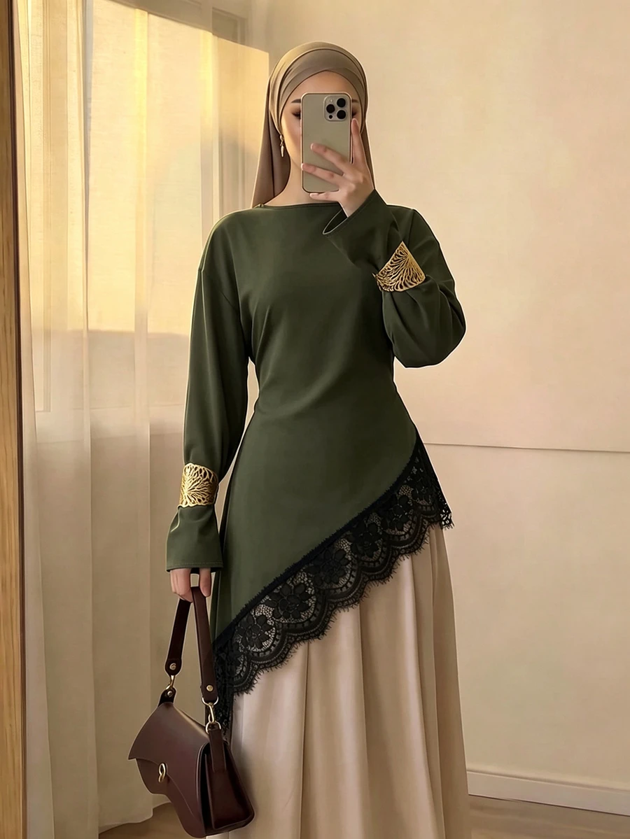 Celisse Blus Wanita Model Longgar Awal Musim Gugur Terbaru dengan Hem Asimetris dan Hiasan Renda Lengan Panjang - Hijau - View 1