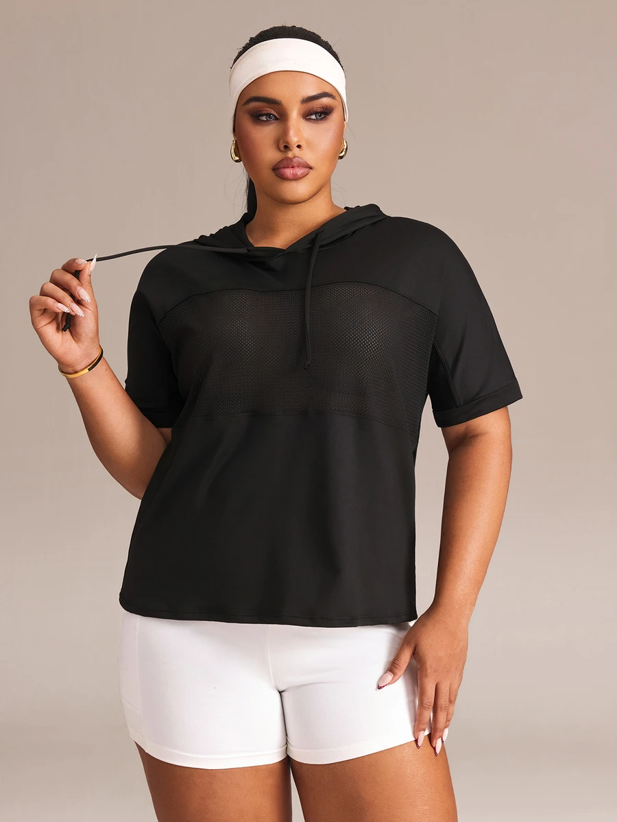 Rhythm Era Women's Plus Size Mesh Minimalist Short Sleeve Hooded Sports T-Shirt - Black - View 1