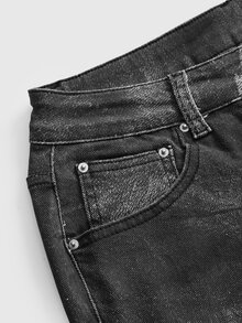 ROMWE Autumn/Winter Y2K Street Style Zipper Transformable Ultra Low Waist Skinny Distressed Mottled Print Slim Fit Straight Leg Flared Jeans - Black - View 3