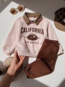 SHEIN 男女嬰兒/幼兒 2件組秋冬保暖內裡加厚可愛學院風運動衫套裝，嬰兒冬季服飾，運動套裝，聖誕 - 咖啡棕 - 查看 6