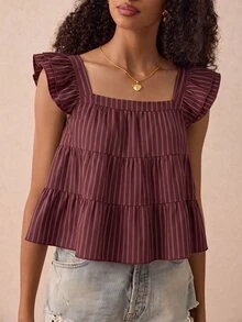 Muvela Women's Striped Pleated Casual Daily Wear Blouse - Burgundy - View 6