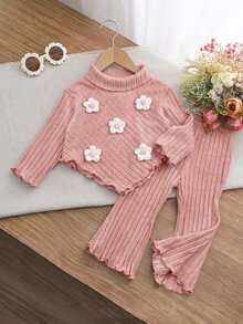 SHEIN Baby Girl Cute Autumn/Winter Versatile Polka Dot Bow Long Sleeve Sweatshirt & Elastic Waist Long Pants Set - Apricot - View 3