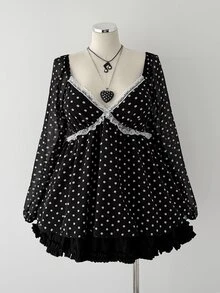 Sunspun Plus Size Polka Dot Ruffle Waist Blouse Sexy V-Neck Sheer Chiffon Lantern Sleeve Shirt - Black - View 7