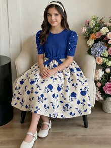 SHEIN 這是一款一件式復古優雅黑色針織羅紋圓領套頭衫 - 藍色 - 查看 1