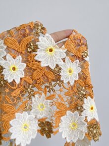 Soleia 新款性感浪漫花卉刺繡V領露背綁帶背心，適合約會、夜店、波希米亞風、度假、秋季女裝、復古、假期 - 亮橙色 - 查看 3