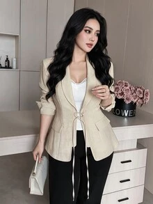 Feyla Plus Size Casual Elegant Drawstring Long Sleeve Blazer - Khaki - View 4