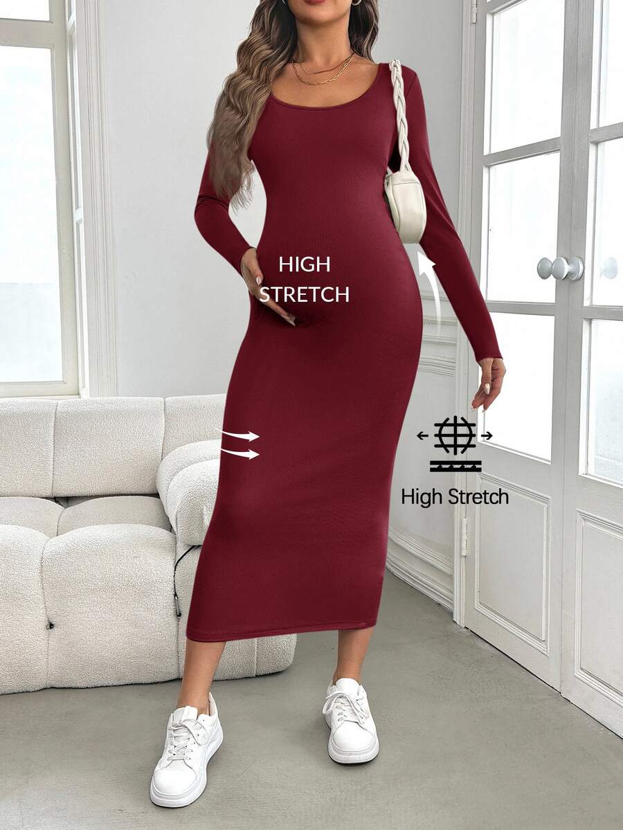SHEIN 孕婦嬰兒派對女款洋裝 秋冬綠色長袖修身孕婦洋裝 - 酒紅色 - 查看 1