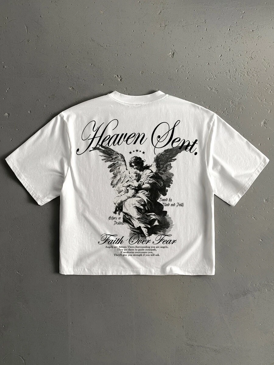 Manfinity ZONE917 Men's White Standard Size Cropped Loose Fit Short Sleeve T-Shirt American Boxy Gothic Angel Art Graphic Tee - White - View 1