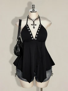 SHEIN ICON Plus Size Y2K Eyelet Decor Halter Neck Black Knit Sexy Top - Black - View 1