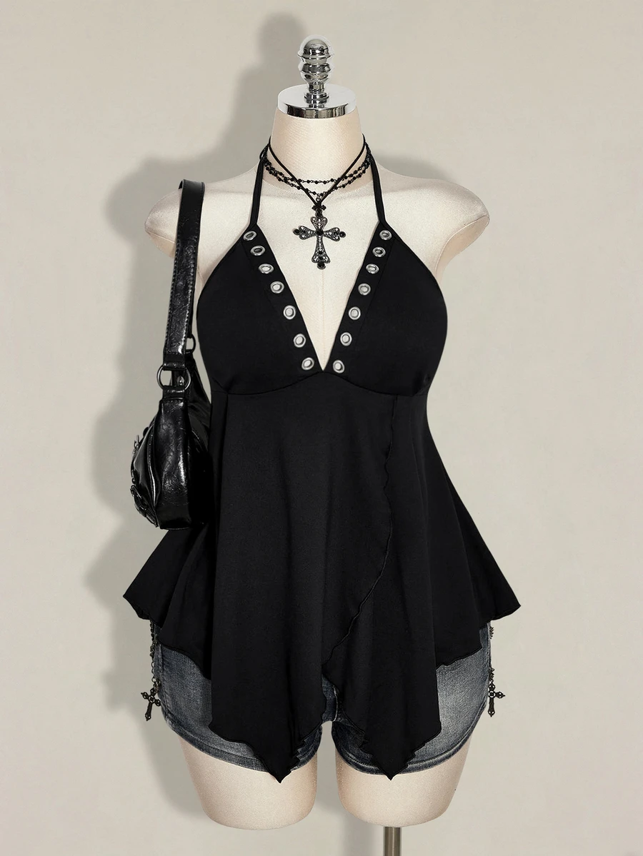 SHEIN ICON Plus Size Y2K Eyelet Decor Halter Neck Black Knit Sexy Top - Black - View 1