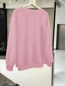 SHEIN EZwear 休閒極簡風粉色女款V領寬鬆大版運動衫，適合秋冬穿著的秋季衛衣 - 粉色 - 查看 2
