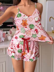 SweetSlumber Christmas Sweet Cute Bow Pattern Spaghetti Strap Women Pajama Set - Multicolor - View 3