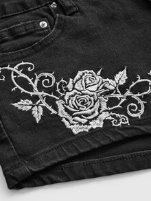 ROMWE Women's Dark Gothic Thorn Vine Rose Embroidery Denim Mini Shorts - Black - View 3